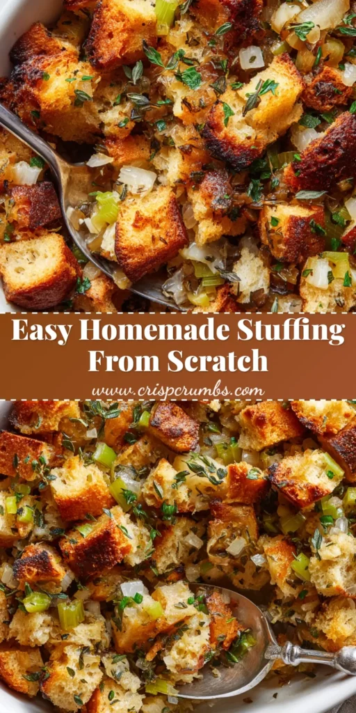 A close-up view of a baked Homemade Stuffing Recipe in an oval white ceramic casserole dish, featuring crisp golden-brown bread edges and fresh herbs.