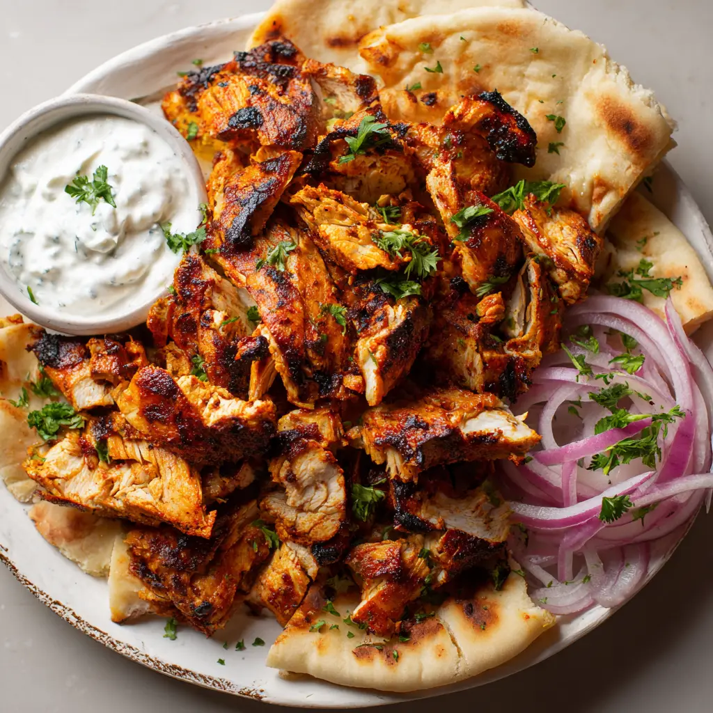 Sliced chicken shawarma with blackened crispy edges resting on a rustic white ceramic plate. (Chicken Shawarma Recipe)