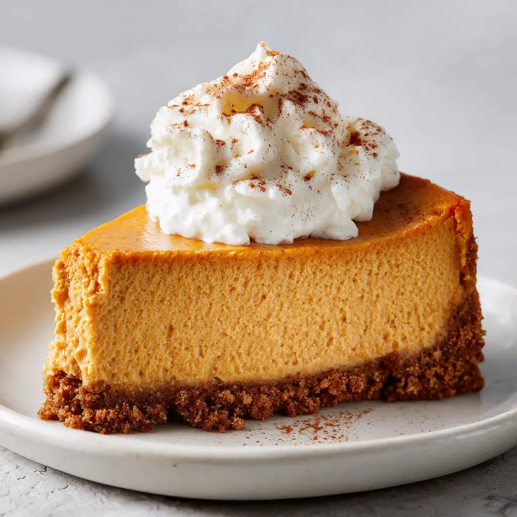 Close up shot of a smooth orange-hued pumpkin cheesecake slice resting on a simple white ceramic dessert plate.