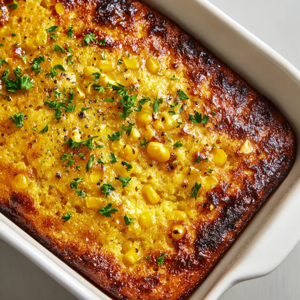A thick, clear, glossy layer of sticky honey and melted butter coats the entire top surface of the corn casserole, pooling slightly in the uneven baked crust dips.