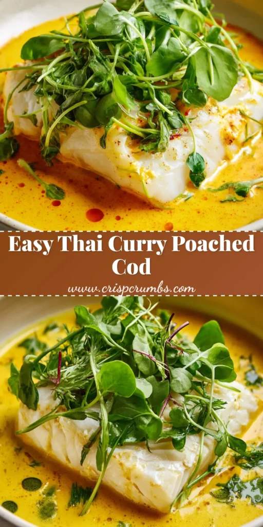 A thick, flaky poached white cod fillet resting in a shallow white ceramic bowl with vibrant yellow coconut curry sauce, garnished with fresh watercress and infused oil droplets. (Yellow Curry Poached Cod)