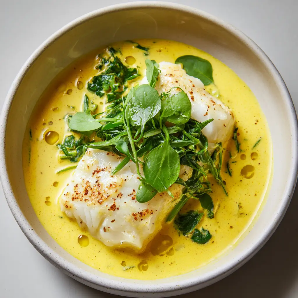 Delicate green watercress sprigs and infused chili oil droplets resting on top of poached cod in a white bowl.