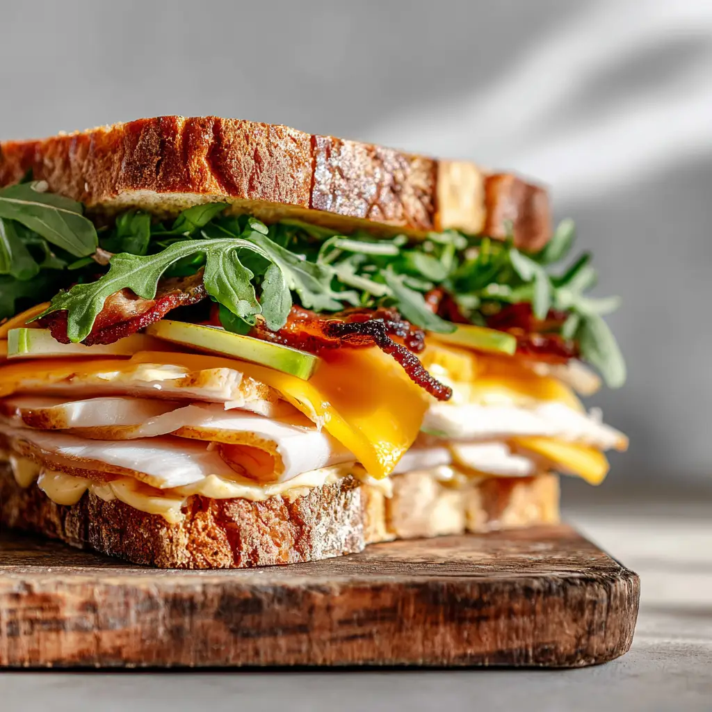 Half-cut gourmet sandwich showing creamy whole grain mustard spread, thin crisp apple slices, and fresh green arugula leaves.