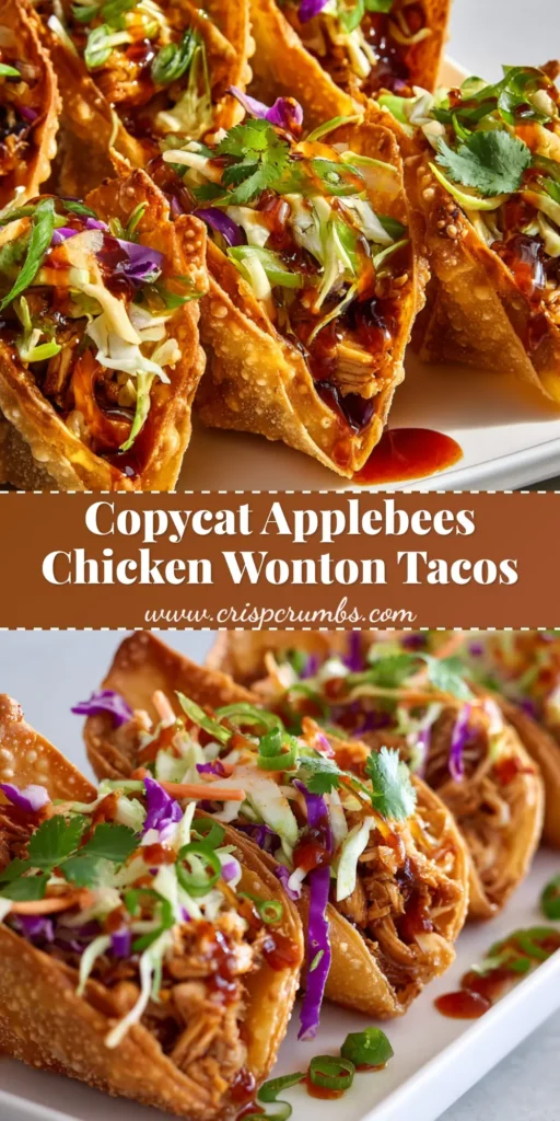 A close up view of Applebee's Chicken Wonton Tacos featuring crispy wonton shells, glistening soy-marinated chicken, fresh slaw, and a sweet chili drizzle.