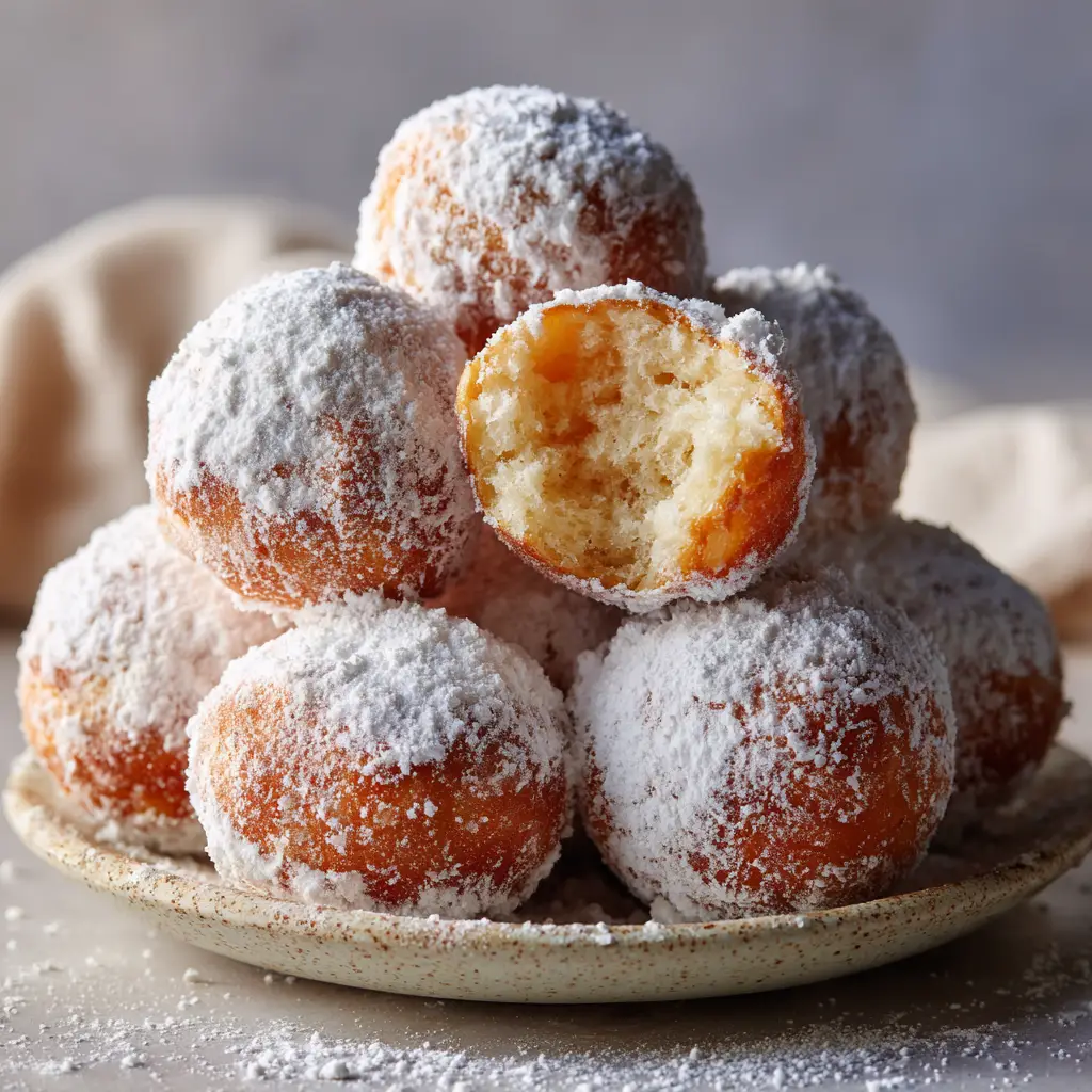 Broken snowball donut showing a soft and fluffy interior and golden-baked dough against a neutral background.