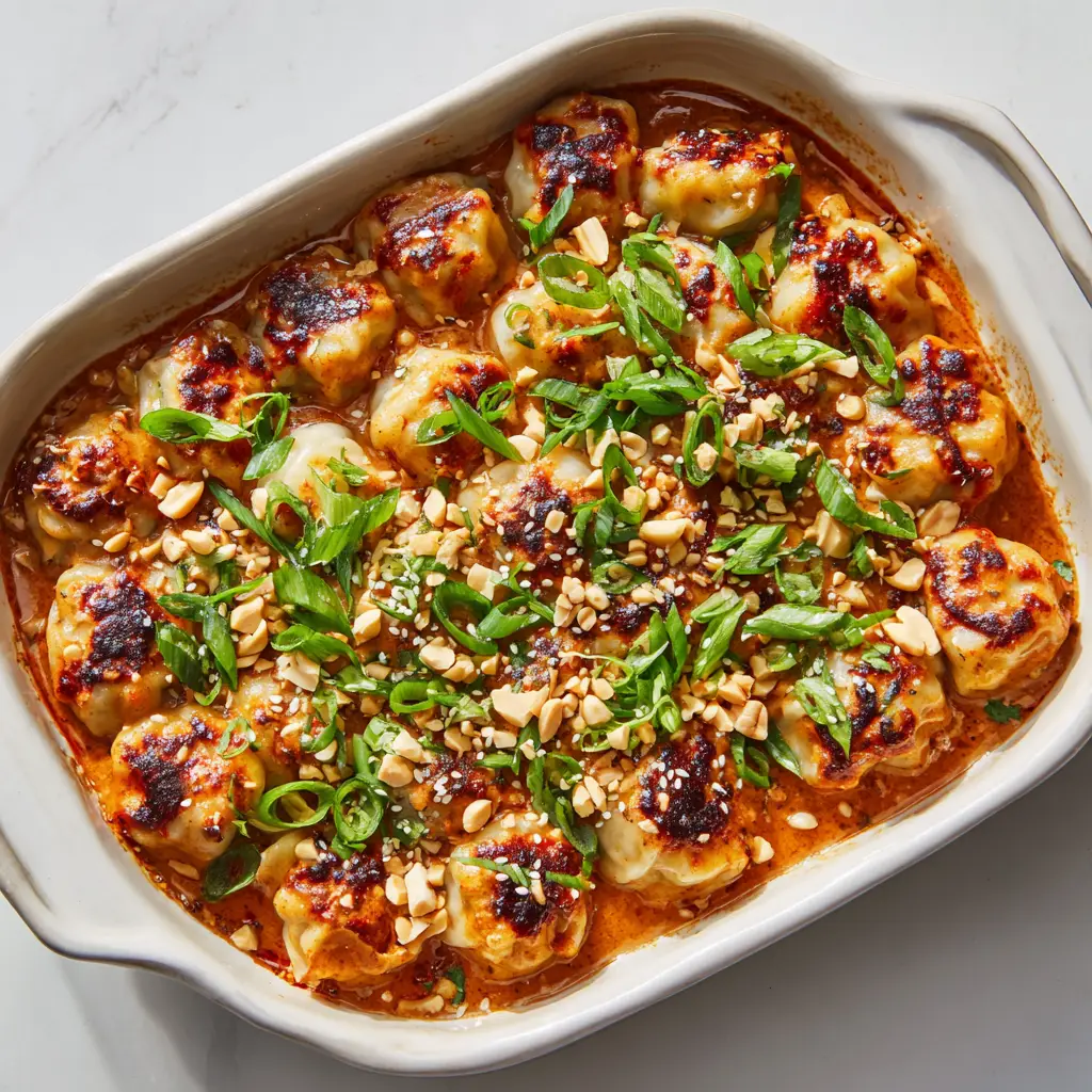 Close up view of golden-brown pleated Oven-Baked Dumplings with thick peanut sauce pooling in the gaps.