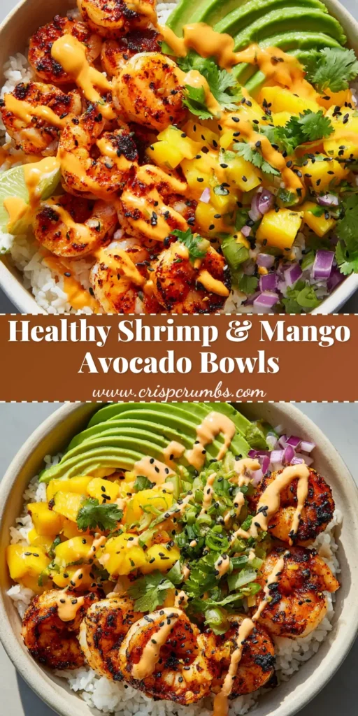 A top-down view of a vibrant shrimp and avocado bowl featuring charred shrimp, fanned avocado, and mango salsa.