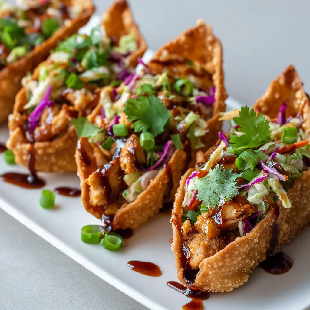 Applebee's Chicken Wonton Tacos topped with green cabbage, purple cabbage, carrot slivers, and sweet chili sauce.