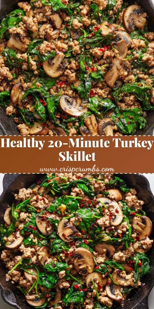 A rustic cast iron skillet filled with lightly browned crumbled ground turkey, wilted bright green spinach, and golden cremini mushrooms speckled with red chili flakes.