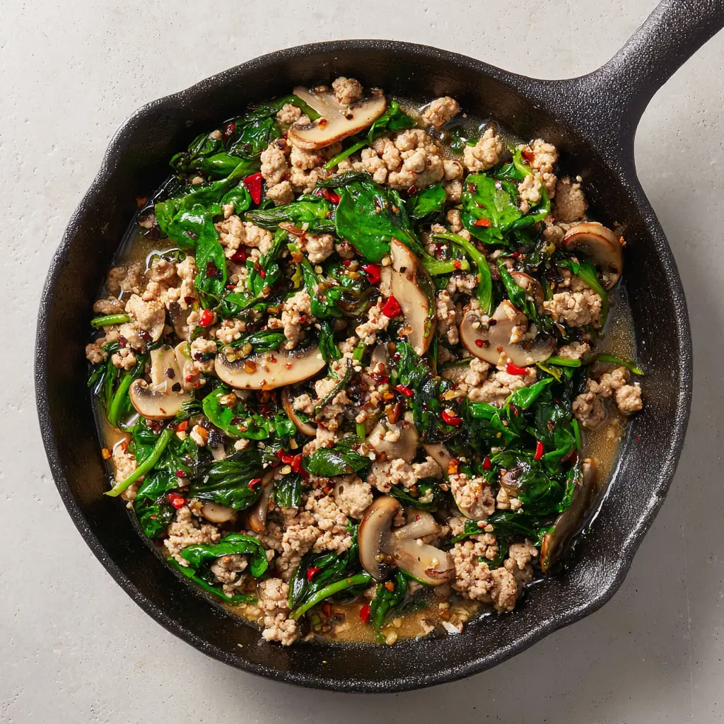 Overhead shot of a rustic Ground Turkey Skillet sitting on a neutral kitchen counter under soft natural daylight.