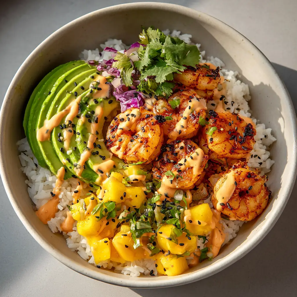 A creamy light orange lime-chili sauce drizzled over a shrimp and avocado bowl garnished with black sesame seeds.