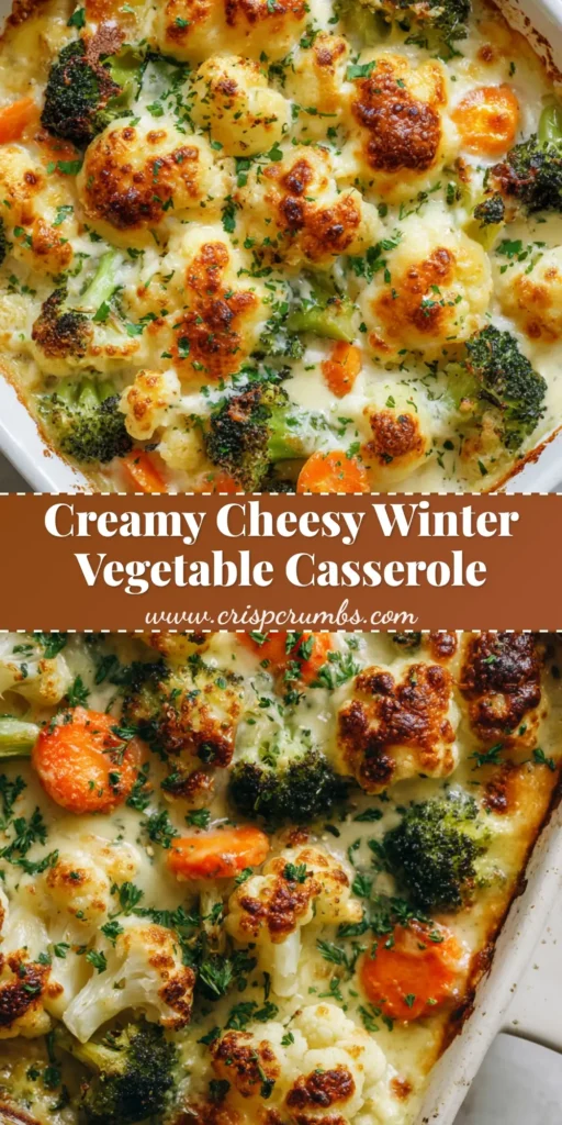 A close-up overhead shot of a bubbling baked Winter Vegetable Casserole in a rustic white rectangular ceramic baking dish, topped with golden-brown bubbling cheese and fresh chopped parsley.