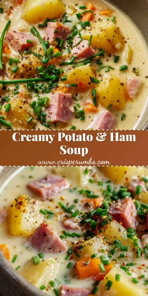 A rustic, matte ceramic bowl filled with thick Creamy Potato and Ham Soup, topped with chives and coarse black pepper.
