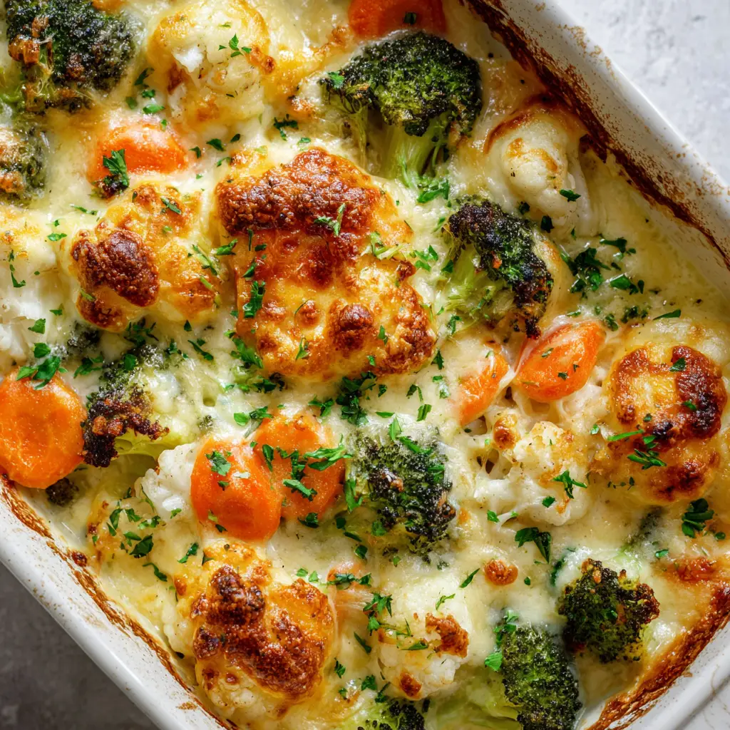Rustic white ceramic baking dish filled with cheesy winter vegetable casserole garnished with finely chopped fresh parsley.