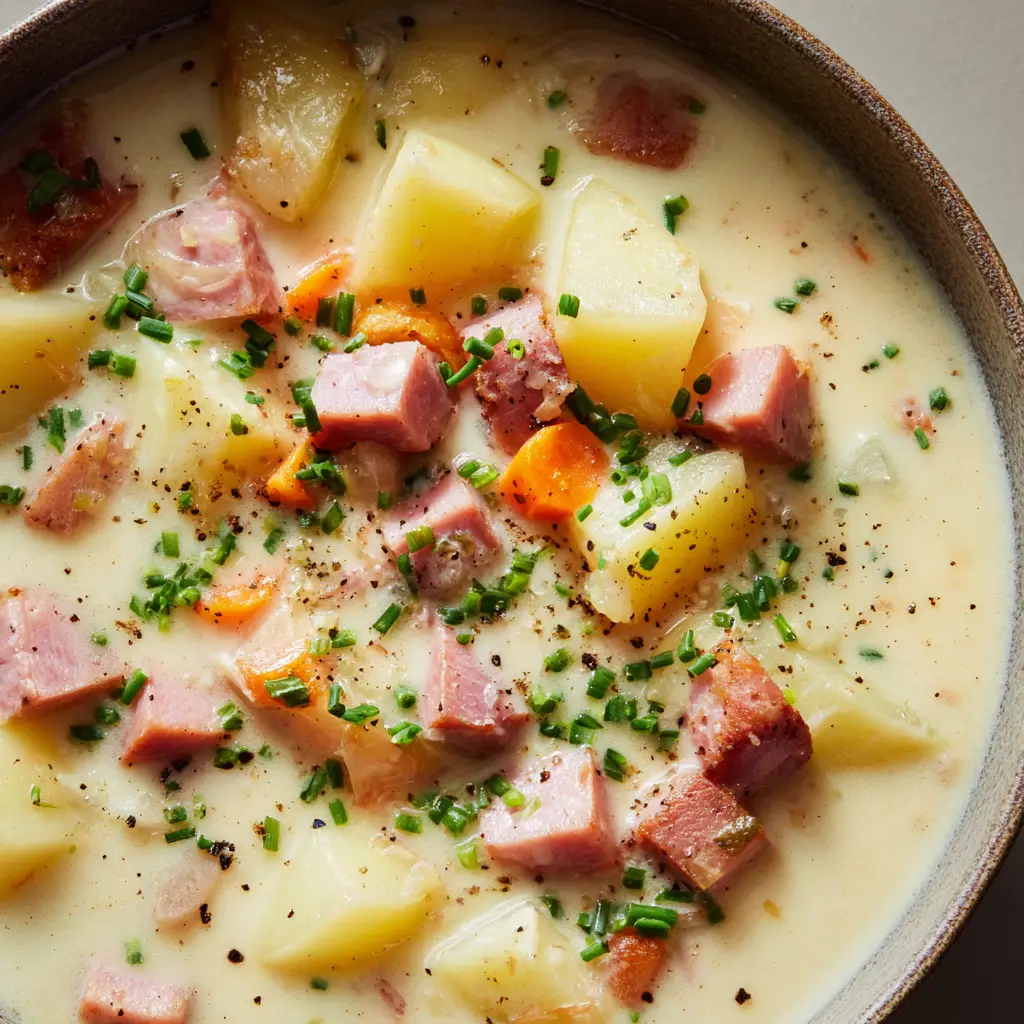 Spoonful of thick creamy potato and ham soup highlighting the fresh chopped green chives and coarse black pepper garnish.