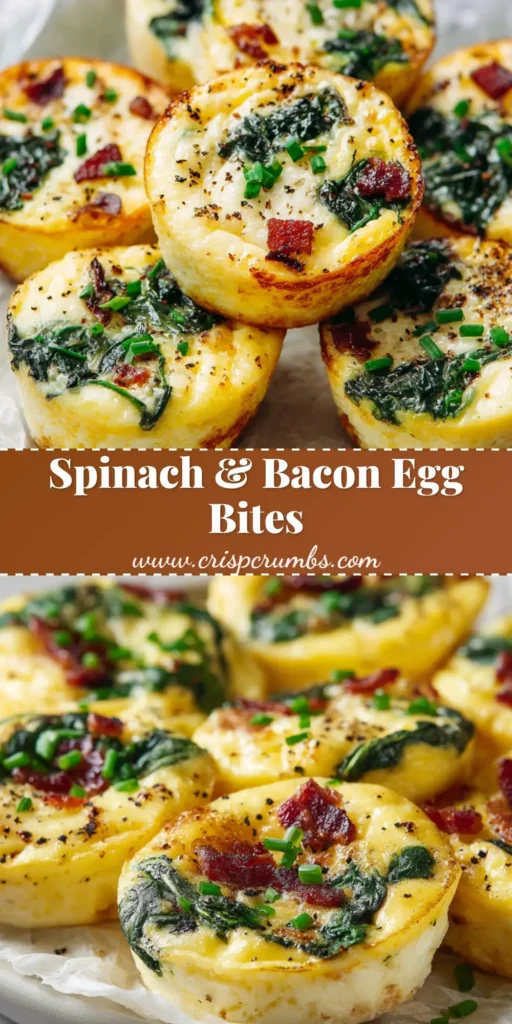 A tall, Pinterest-optimized view of delicious spinach and bacon egg bites resting on crinkled parchment paper, topped with cracked pepper.
