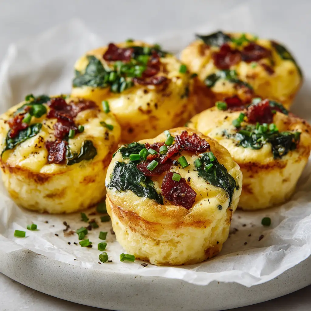Close up shot of baked spinach and bacon egg bites resting on crinkled white parchment paper on a light grey ceramic plate.