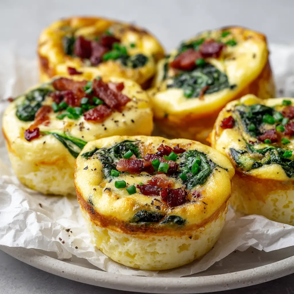 Detailed view of the fluffy egg matrix revealing dark green wilted spinach and reddish-brown crispy bacon crumbles inside the egg bites.