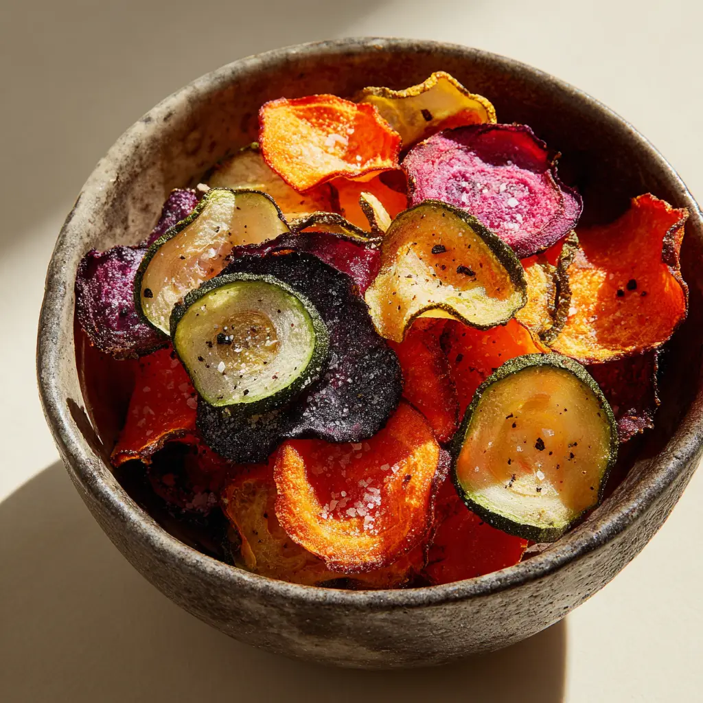 Thinly sliced, brightly colored circles of raw sweet potato, beetroot, and pale green zucchini ready to be air-fried into Veggie Chips.
