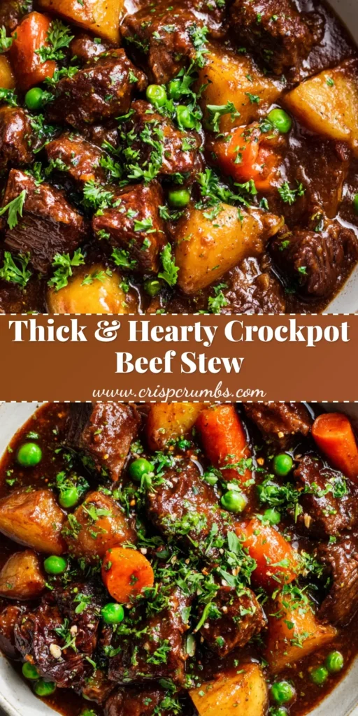 A rustic white ceramic bowl filled with hearty Crockpot Beef Stew, featuring tender beef chunks, cubed potatoes, and bright green peas in a thick brown gravy.