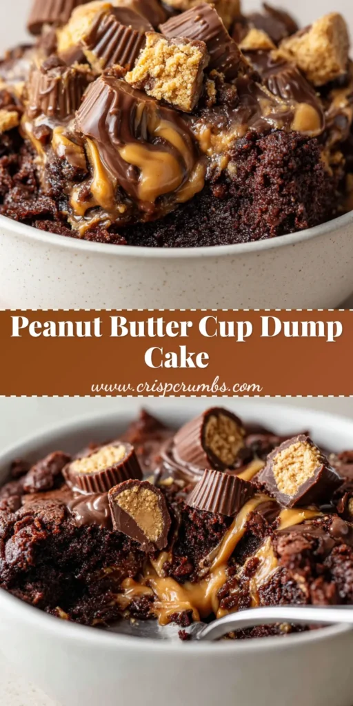 A warm, fudgy Peanut Butter Cup Dump Cake scooped into a white bowl, showing gooey peanut butter centers, thick melted dark chocolate swirls, and chopped candy toppings.