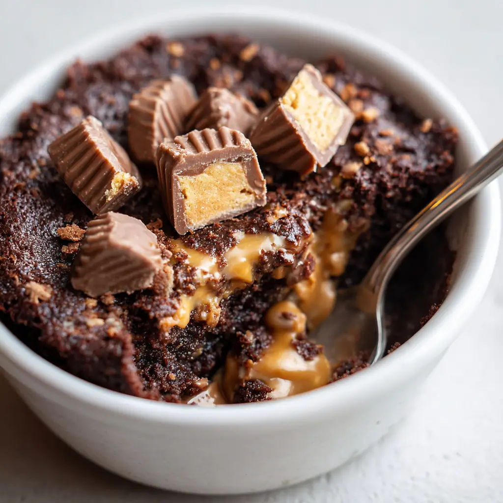 Semi-melted ridged milk chocolate peanut butter cups embedded in hot chocolate cake.