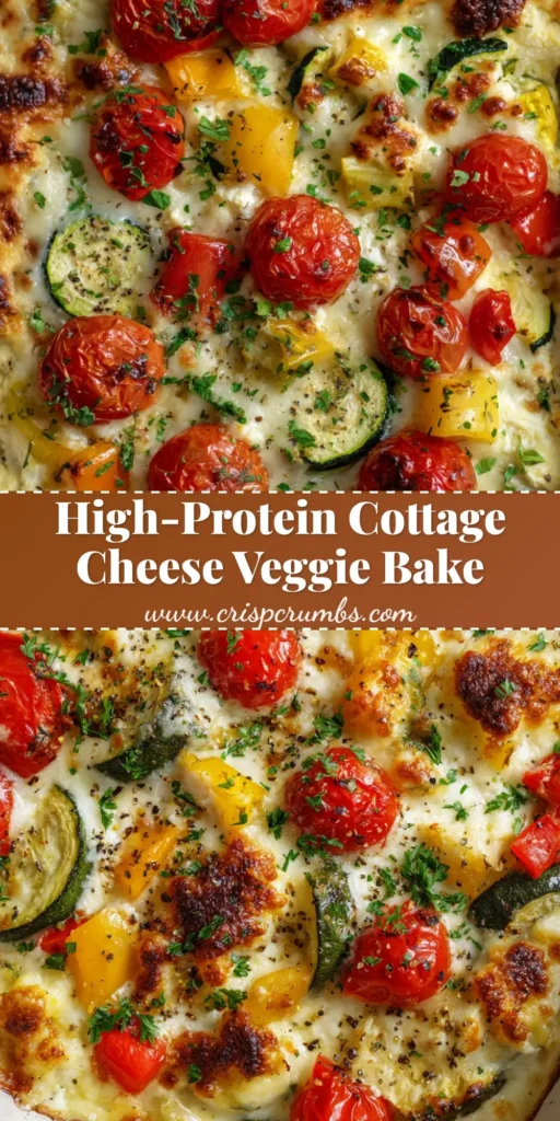 A close-up of a freshly baked Cottage Cheese Veggie Bake with a bubbling golden-brown mozzarella crust and blistered cherry tomatoes.