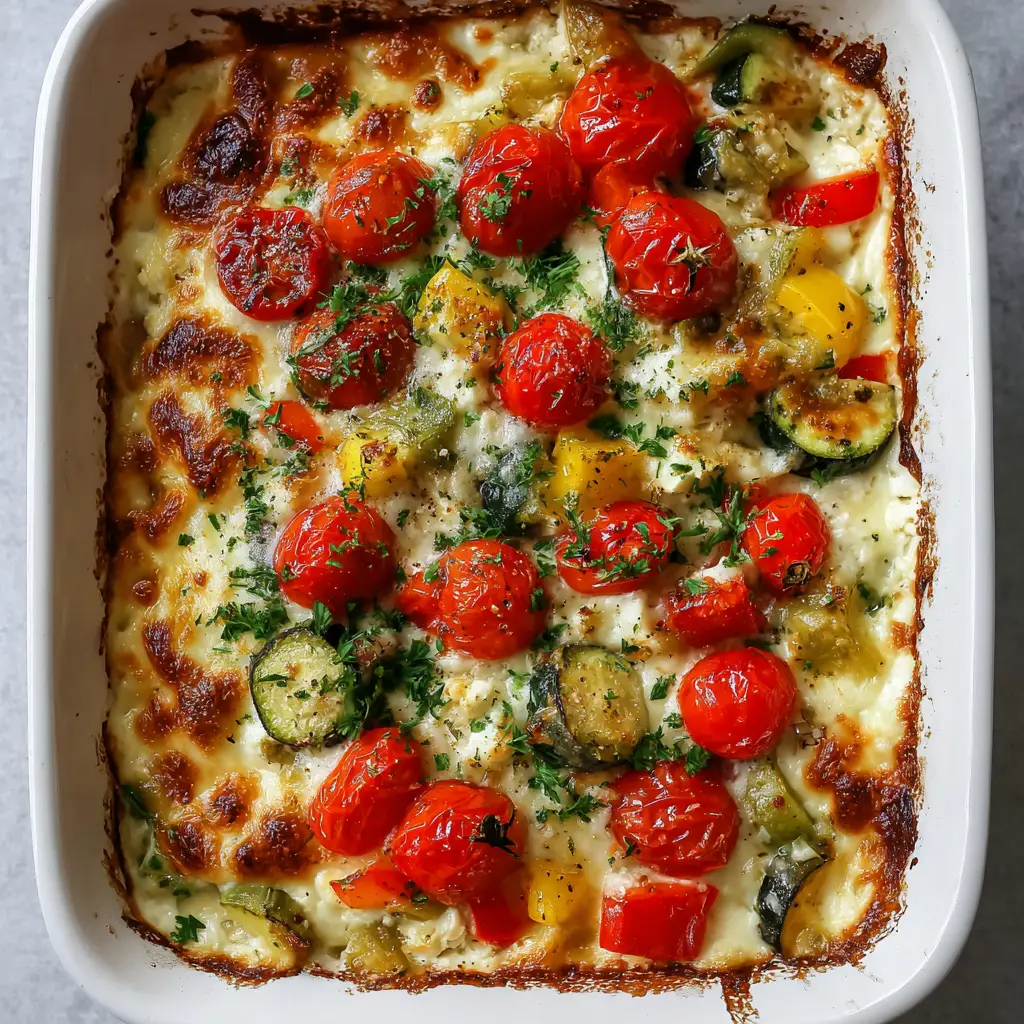 Close up of blistered cherry tomatoes and melted golden-brown mozzarella cheese on top of a cottage cheese bake.