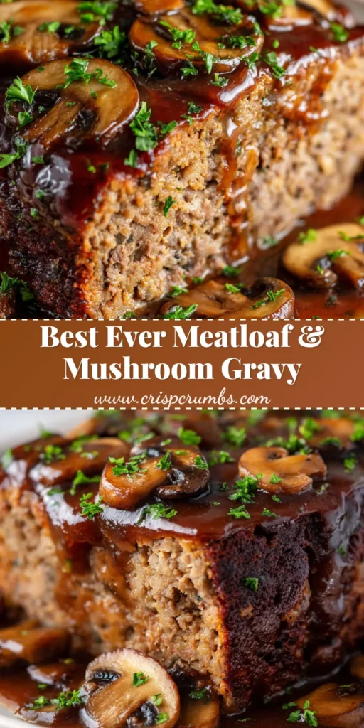 A thick, juicy slice of baked meatloaf with a dark brown crust on a white ceramic plate, smothered in thick, glossy mushroom gravy and chopped parsley. (Meatloaf with Mushroom Gravy)