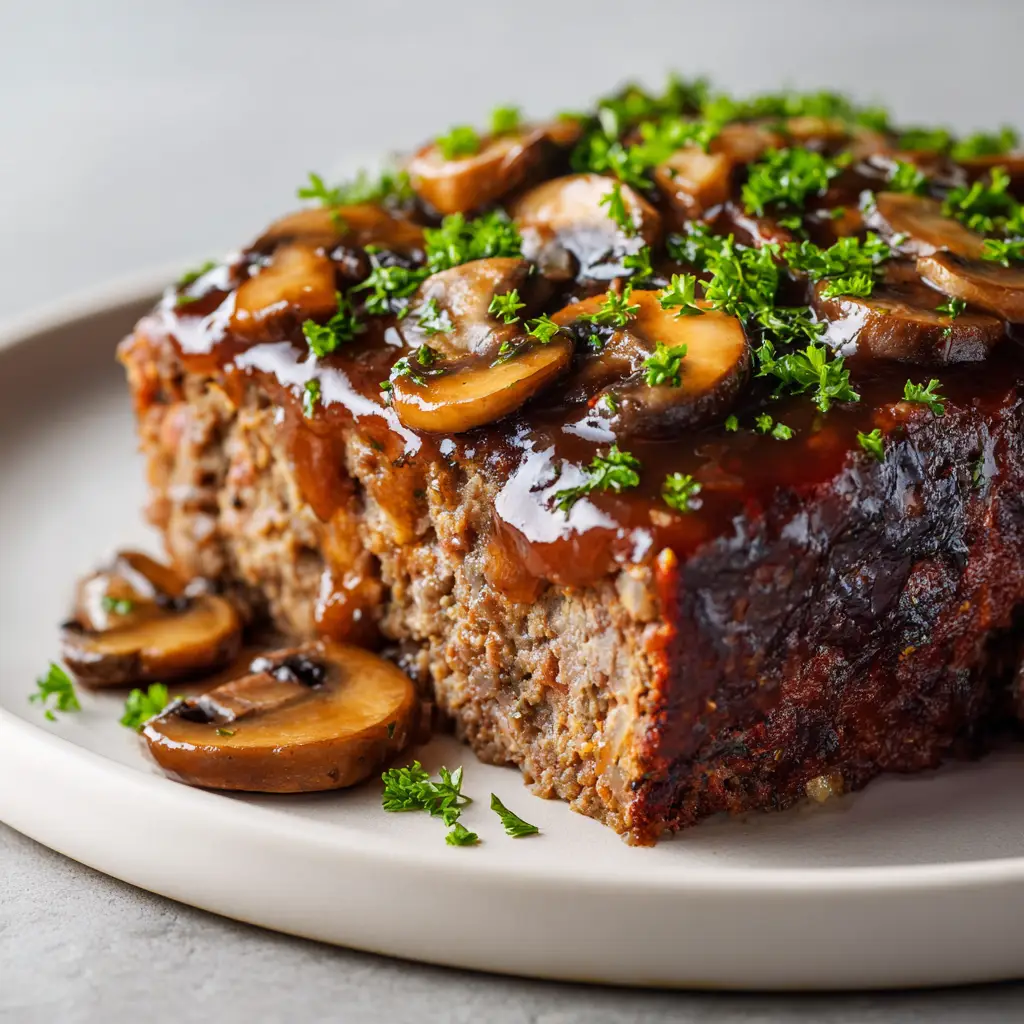 Thick, glossy, savory dark brown gravy packed with tender, sauteed cremini mushroom slices being poured over meatloaf.