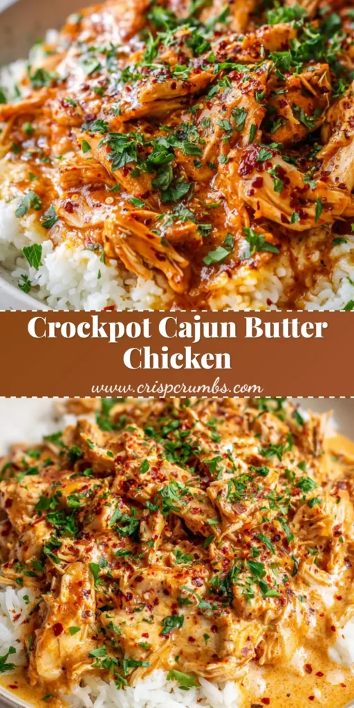 A close-up view of Crockpot Cajun Butter Chicken featuring pull-apart shredded chicken in a reddish-orange creamy sauce over fluffy white rice, garnished with green parsley.