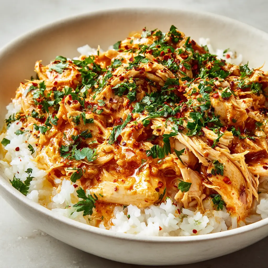 A beautifully plated bowl of slow-cooked Cajun butter chicken garnished with fresh chopped green parsley, coarse black pepper, and red paprika flakes.
