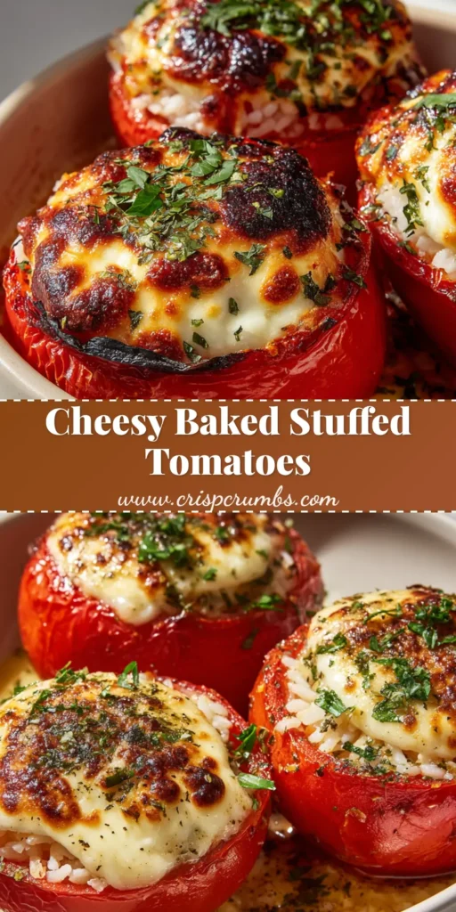 A close-up of three roasted red beefsteak tomatoes stuffed with fluffy white rice, topped with a thick layer of melted mozzarella with golden-brown charred spots, garnished with flat-leaf parsley and dried oregano in a shallow white ceramic baking dish.