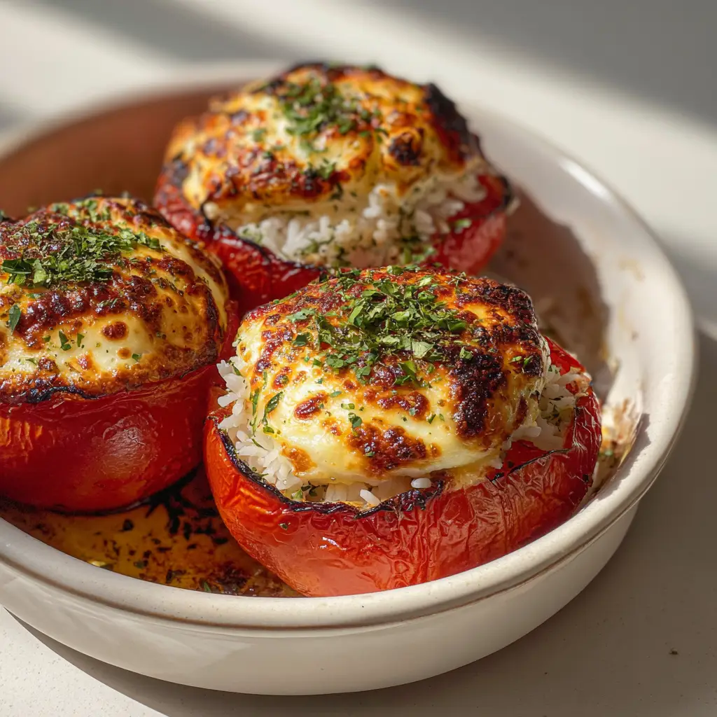 Close-up unedited aesthetic smartphone photo of roasted red tomatoes topped with bubbling mozzarella cheese with charred spots, fresh minced parsley, and oregano flakes.