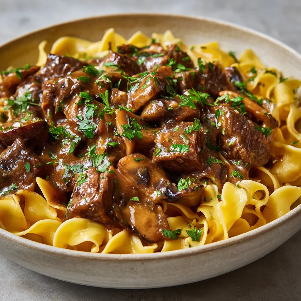 A ceramic bowl holding Crockpot Beef Stroganoff garnished with finely chopped bright green fresh parsley flakes over glossy sauce and wavy egg noodles.