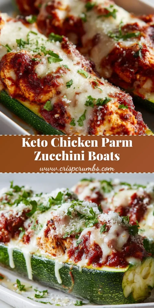 A close up of two halved and hollowed green zucchinis acting as boat bases, heavily stuffed with chunks of cooked white chicken breast thoroughly coated in a rich, chunky dark red tomato marinara sauce and bubbly mozzarella cheese. (Keto Chicken Parmesan Zucchini Boats)