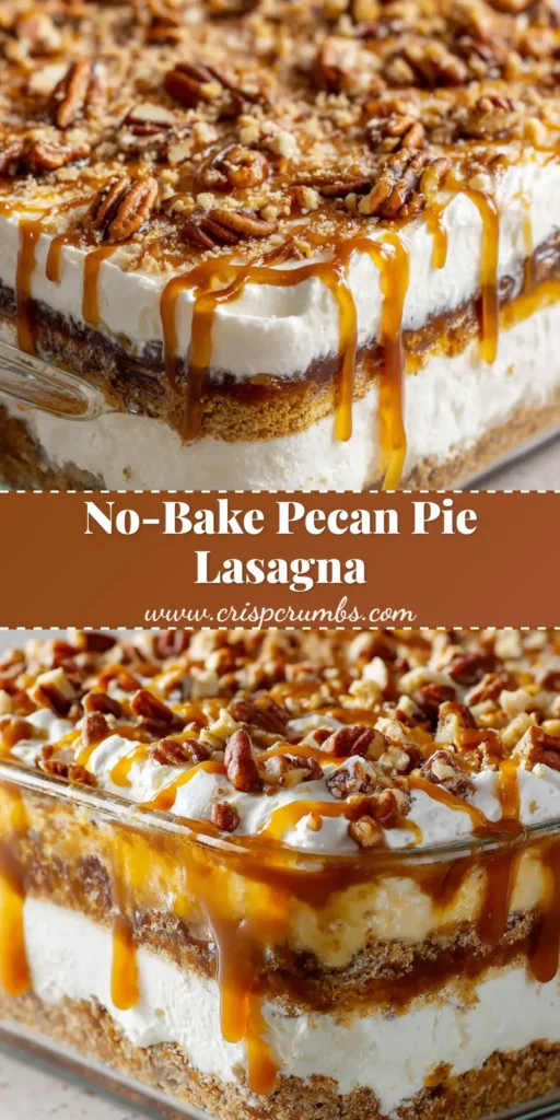 A close up photo of a layered pecan pie lasagna dessert in a rectangular clear glass casserole dish, garnished with pecans and caramel drizzle.