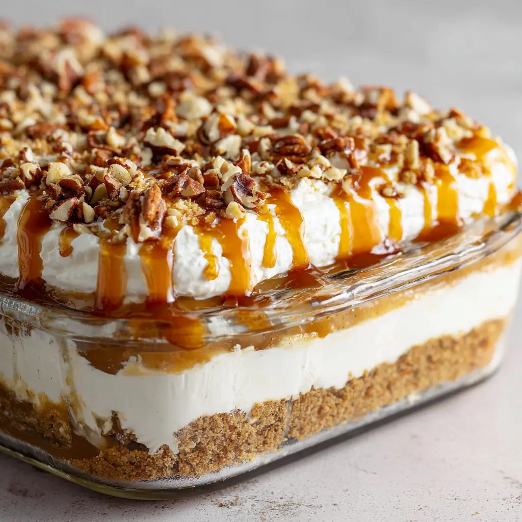 Close up top view of chopped toasted pecans and glossy amber caramel sauce drizzled over whipped cream.