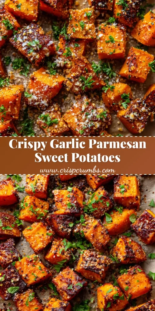 A close-up view of Garlic Parmesan Roasted Sweet Potatoes with crispy dark golden-brown edges, melted parmesan cheese, and fresh green parsley.