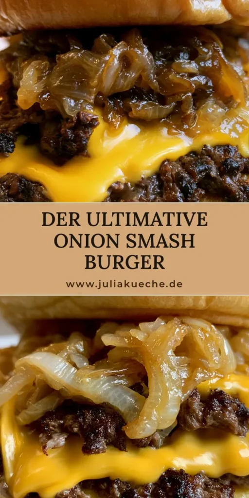 Nahaufnahme eines fertigen Oklahoma Onion Burgers mit geschmolzenem Käse und knusprigen Rändern. Smash Burger Rezept.