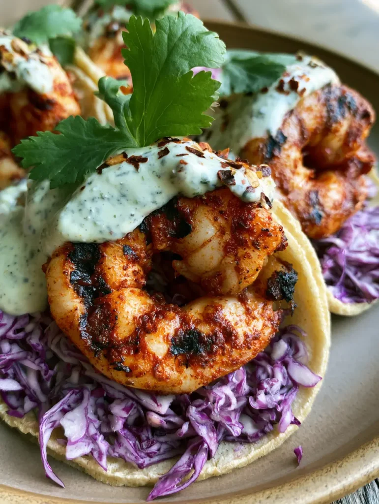 Servierfertige Garnelen Tacos vom Grill mit cremiger Limettensauce und Chiliflocken.