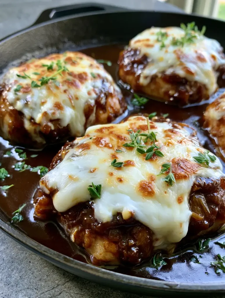 Gratinierte Schweinekoteletts mit Zwiebelsauce und frischem Thymian in einer Pfanne auf Steinuntergrund.