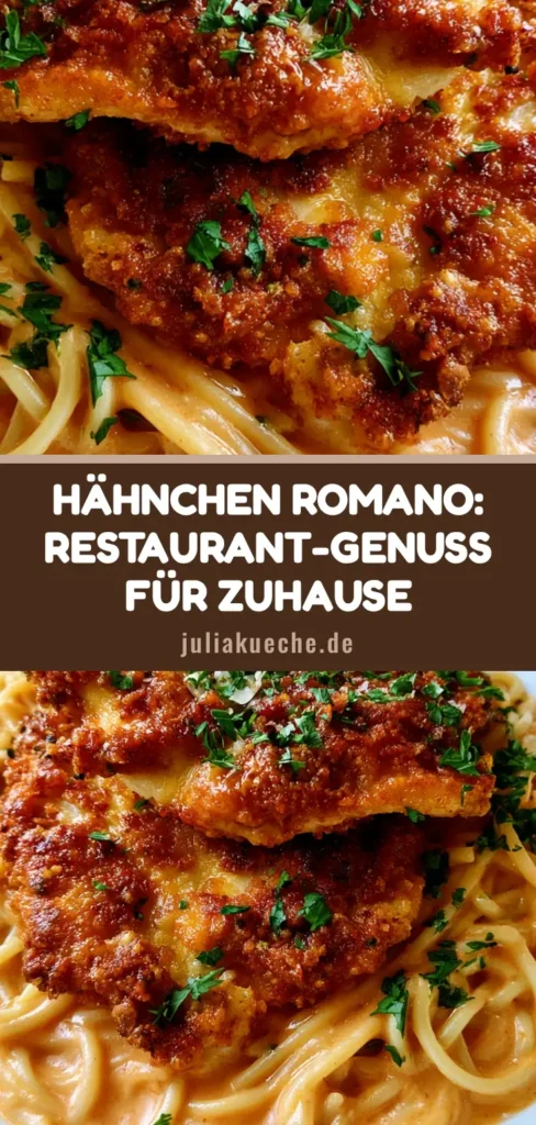 Hähnchen Romano Rezept: Goldbraun, knusprig & unglaublich cremig 3 Knuspriges Hähnchen Romano auf einem Bett aus Spaghetti mit cremiger Tomatensauce, garniert mit Petersilie. (Hähnchen Romano Rezept)
