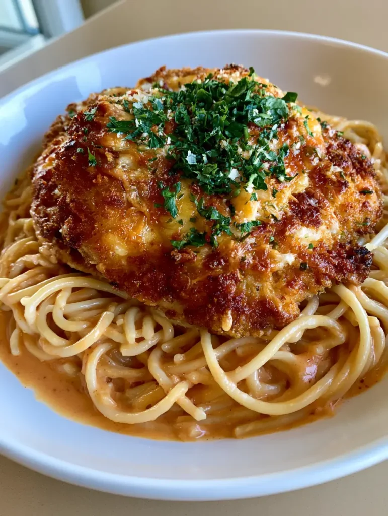 Hähnchen Romano Rezept: Goldbraun, knusprig & unglaublich cremig 2 Nahaufnahme von goldbraun gebratenem Hähnchen mit Romano-Käsekruste über Spaghetti in oranger Tomatensauce. (Hähnchen Romano Rezept)
