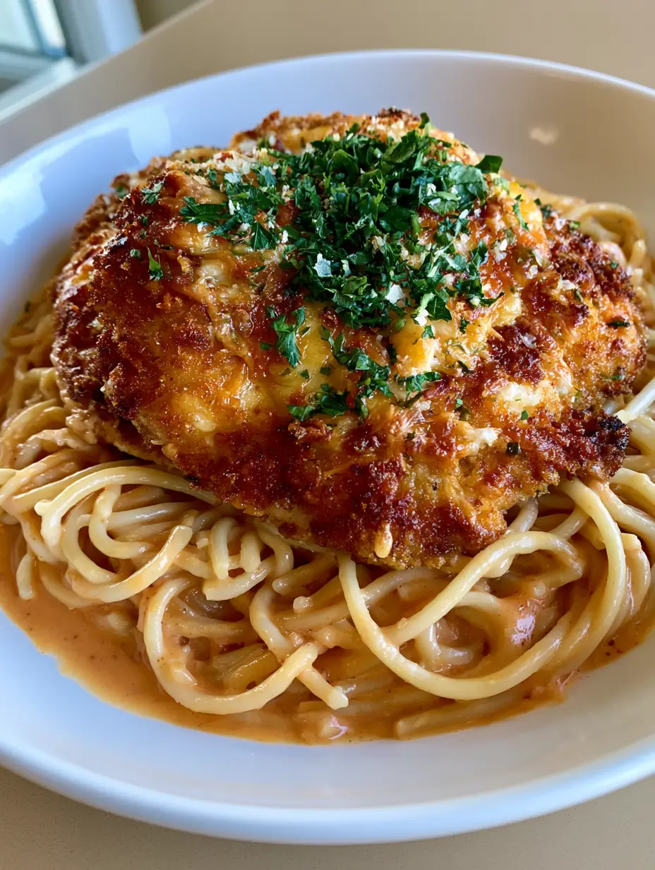 Hähnchen Romano Rezept: Goldbraun, knusprig & unglaublich cremig 4 Nahaufnahme von goldbraun gebratenem Hähnchen mit Romano-Käsekruste über Spaghetti in oranger Tomatensauce. (Hähnchen Romano Rezept)
