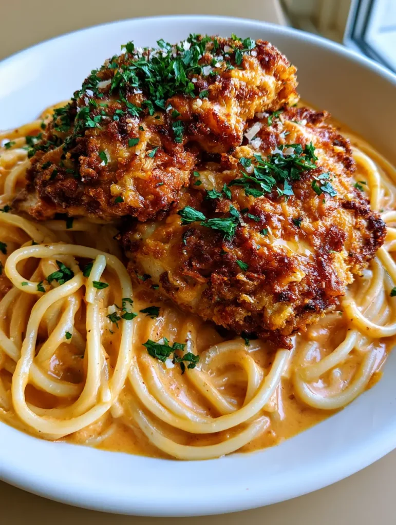 Hähnchen Romano Rezept: Goldbraun, knusprig & unglaublich cremig 1 Servierteller mit Hähnchen Romano, glänzender Tomaten-Sahne-Sauce und frischen Kräutern auf neutralem Hintergrund.