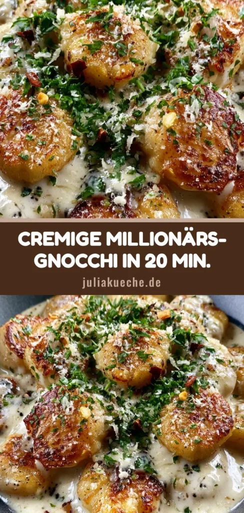 Nahaufnahme von Gnocchi mit Parmesan-Sauce in einer dunklen Schüssel, garniert mit Petersilie und Chiliflocken.