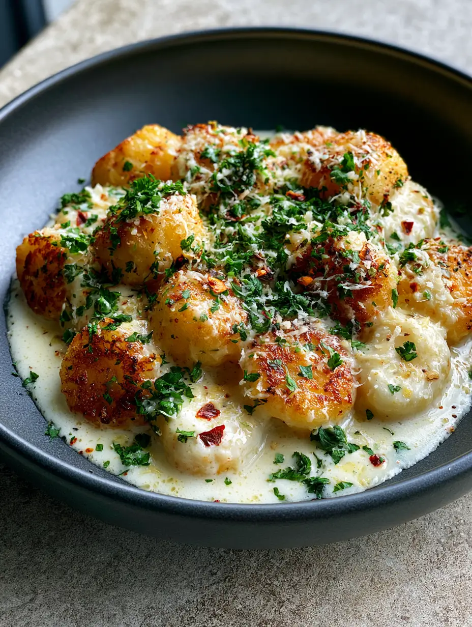 Goldbraun angebratene Gnocchi mit Parmesan-Sauce und frischen Kräutern in einer Keramikschale.