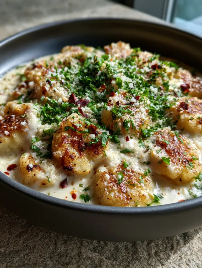 Cremige Gnocchi mit Parmesan-Sauce, bestreut mit extra Käse und roten Chiliflocken.
