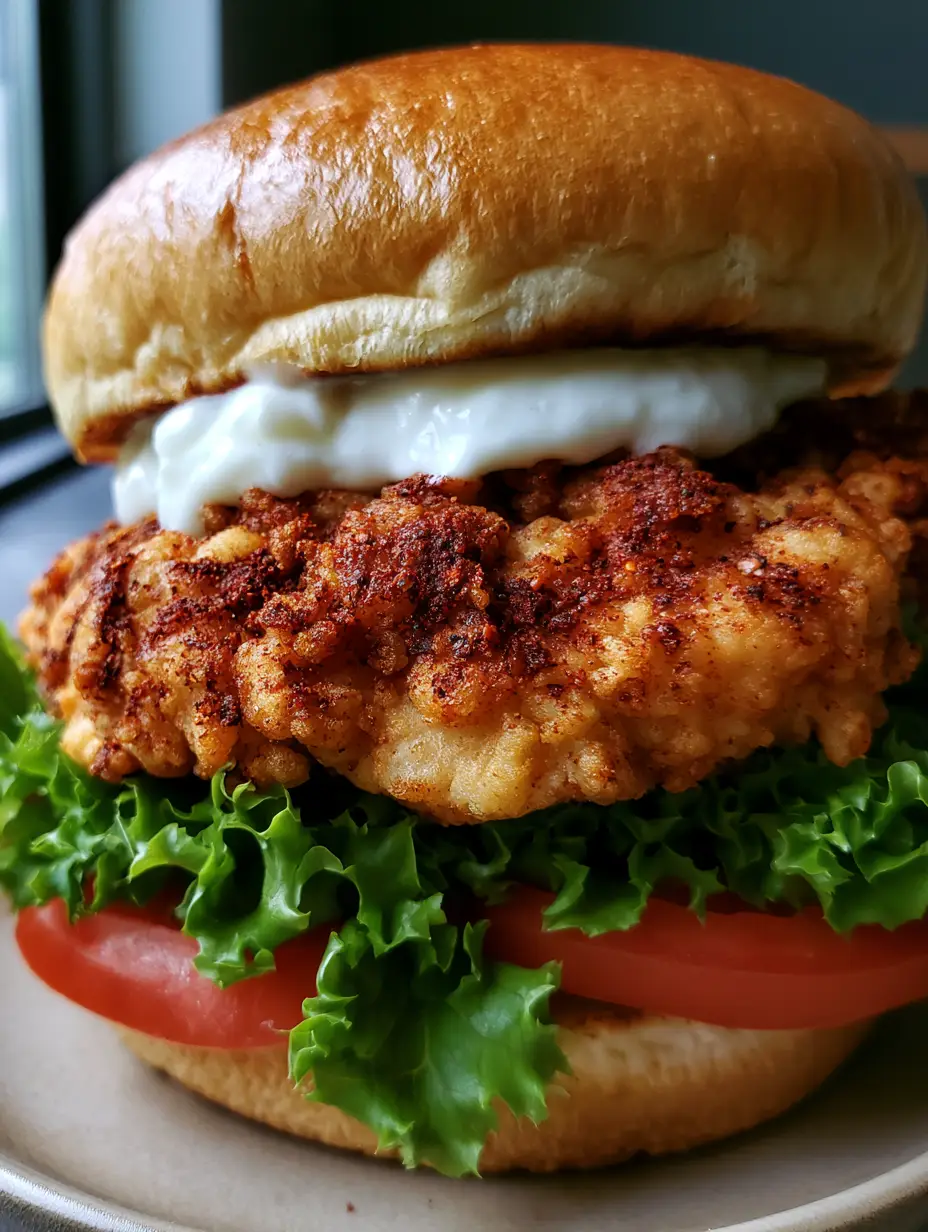 Seitenansicht eines Cajun Chicken Sandwich mit saftigen Tomaten und grünem Salat.